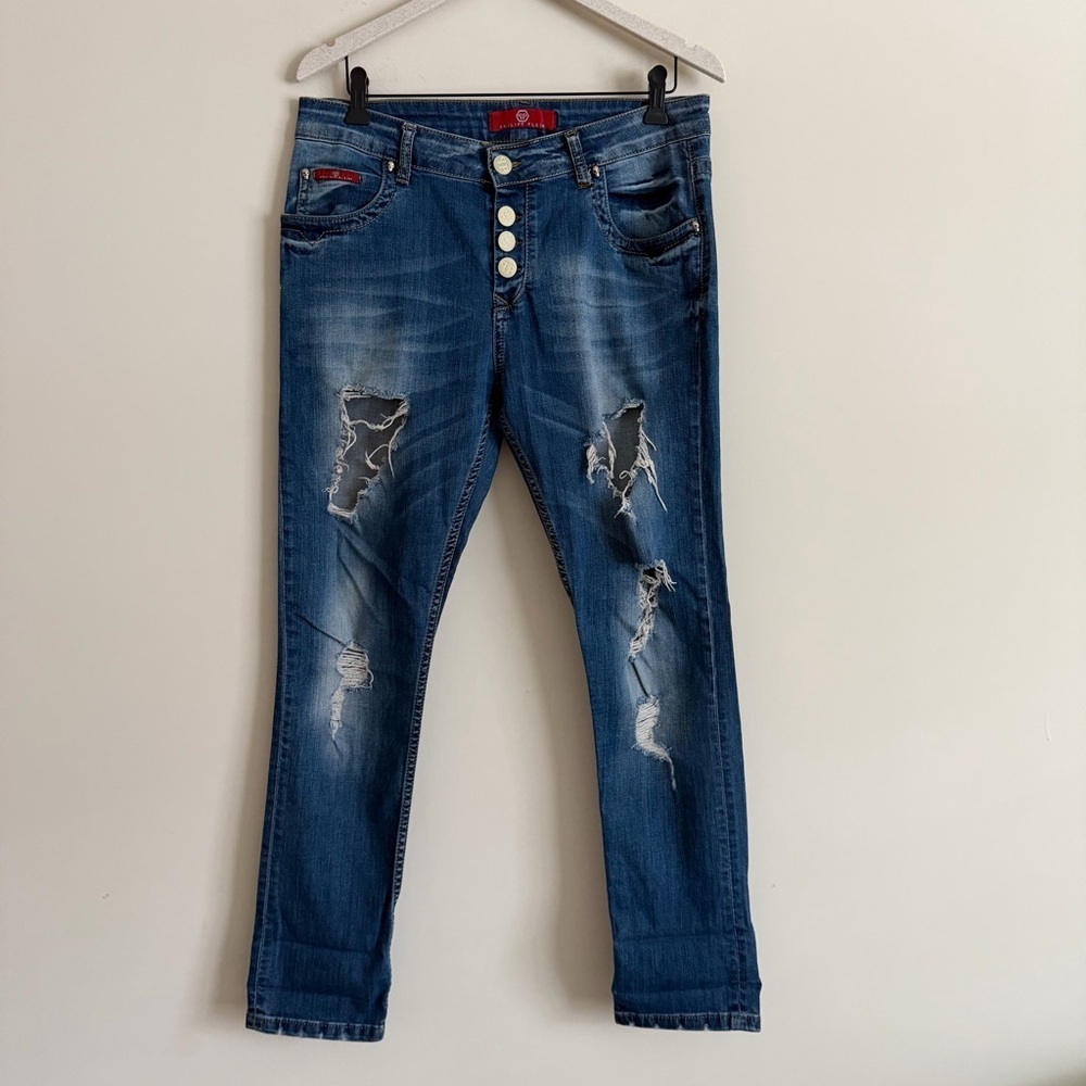 Philipp Plein Jeans Size 30 Button Fly Distressed Skull Accent
